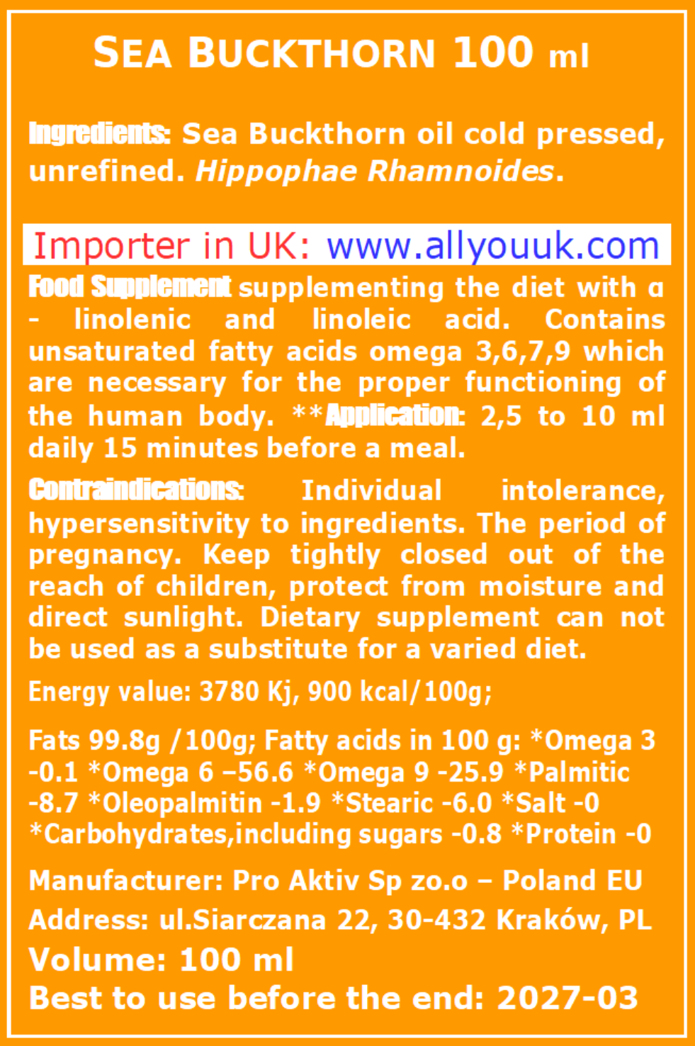Sea Buckthorn 100% Pure Organic Siberian Oil 100 ml