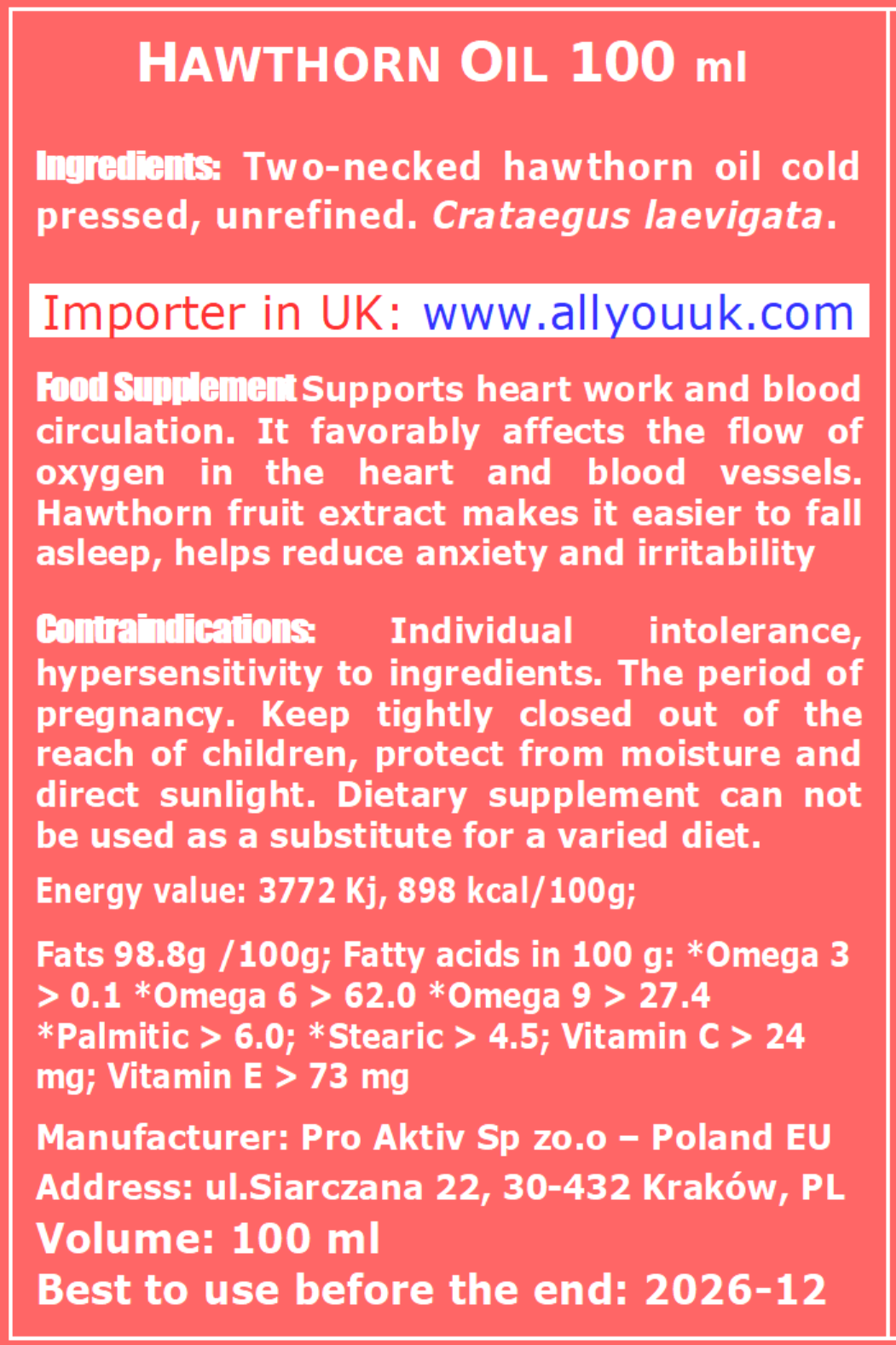 Hawthorn Oil 100% Pure Organic 100 ml