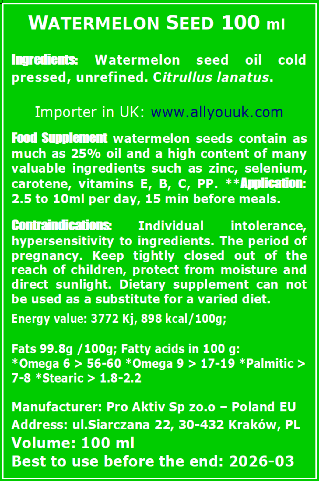 Watermelon Seed Oil 100% Pure Organic 100 ml