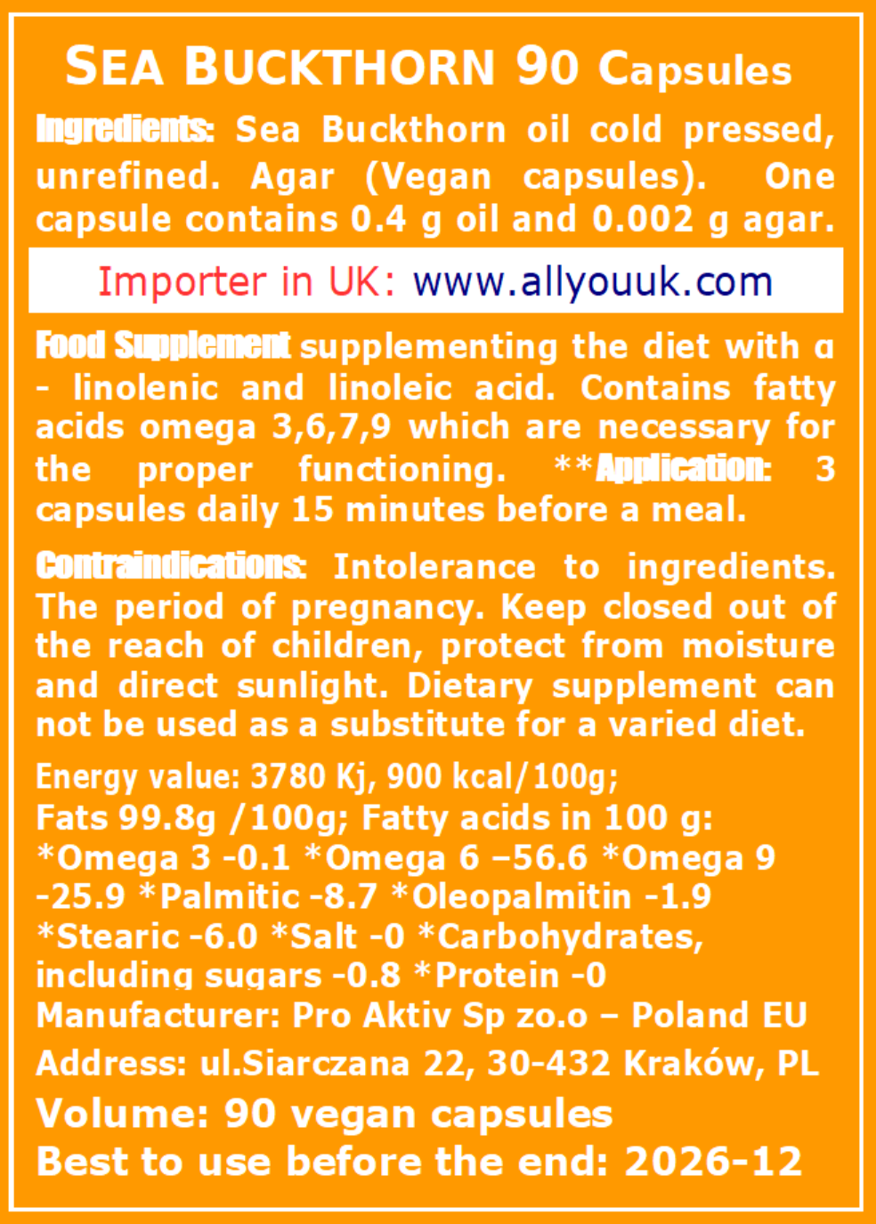 Sea Buckthorn 90 Vegan Capsules 400 mg Pure Organic Siberian Oil