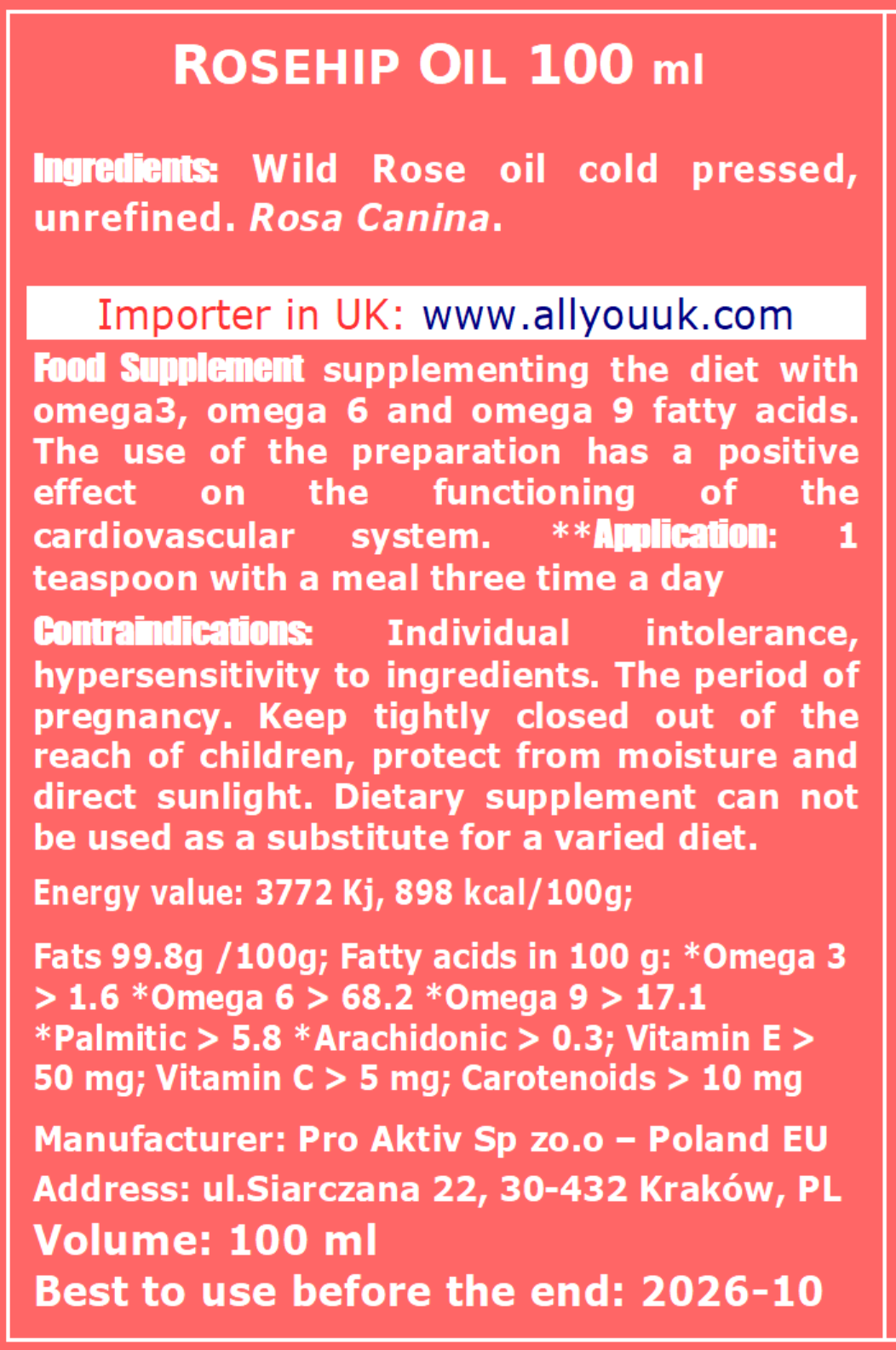 Rosehip Oil 100% Pure Organic 100 ml