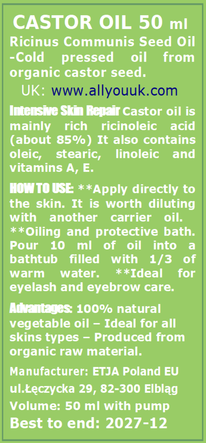 Castor Oil Pure Organic 100% BIO Ricinus Olej Rycynowy 50 ml