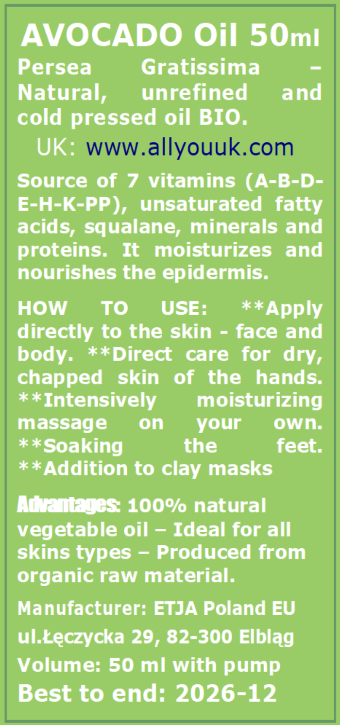 Avocado Oil Pure Organic 100% BIO Olej Awokado 50 ml
