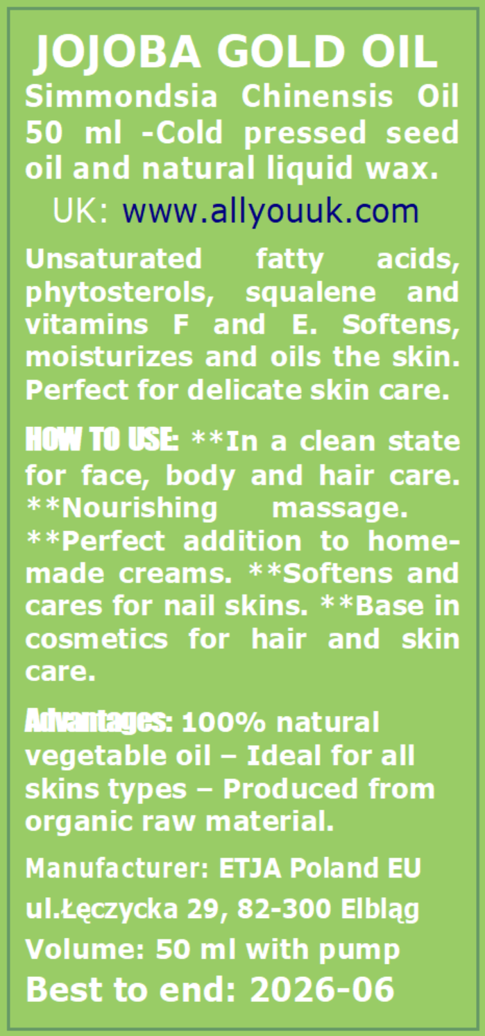 Jojoba Gold Oil Pure Organic 100% BIO Olej Jojoba Gold 50 ml