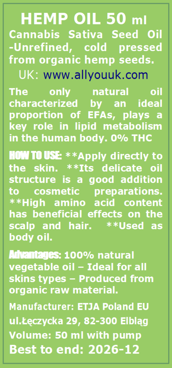 Hemp Oil Pure Organic 100% BIO Olej Konopny 50 ml