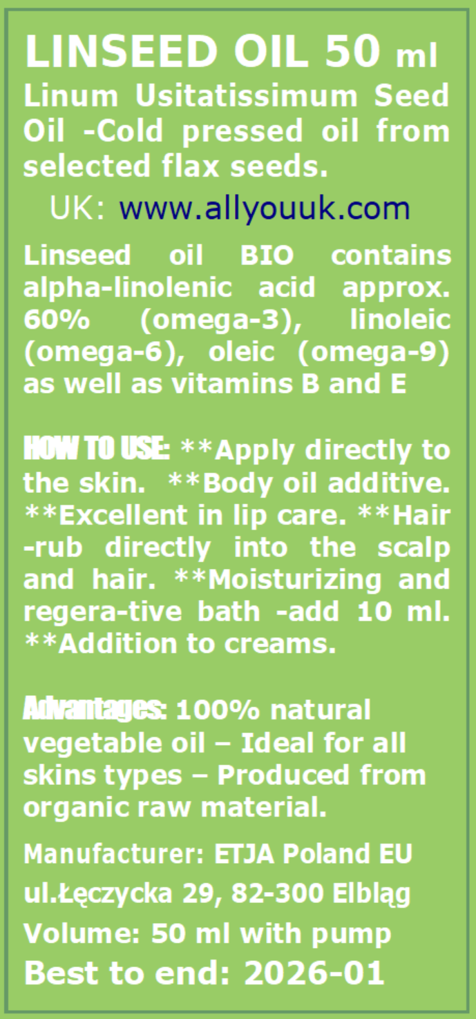 Linseed Oil Pure Organic 100% BIO Olej Lniany 50 ml