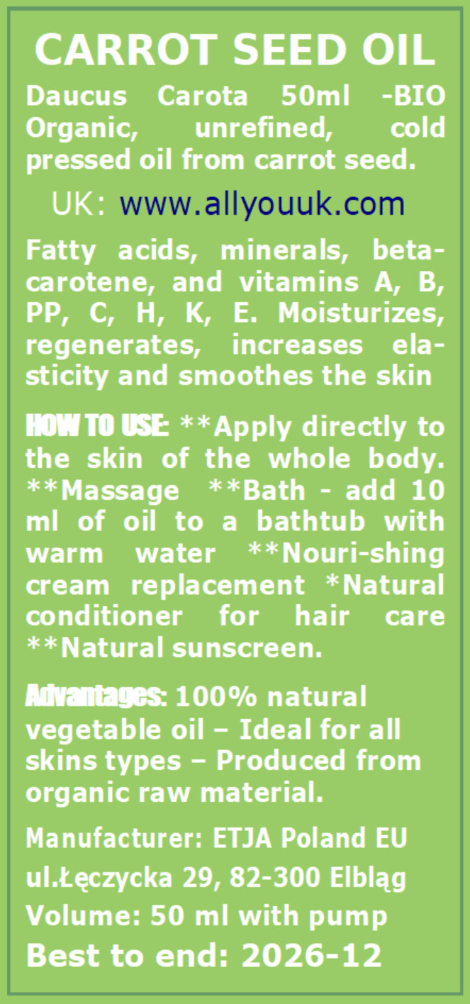 Carrot Seed Oil Pure Organic 100% BIO Olej z Nasion Marchwi 50 ml.