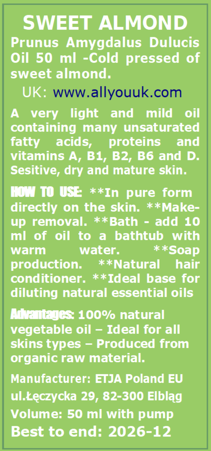Sweet Almond Oil Pure Organic 100% BIO Olej ze Słodkich Migfdałów 50 ml