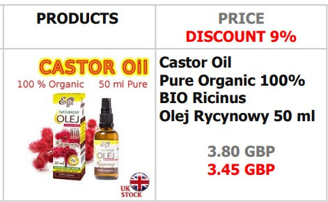 Castor Oil Pure Organic 100% BIO Ricinus Olej Rycynowy 50 ml