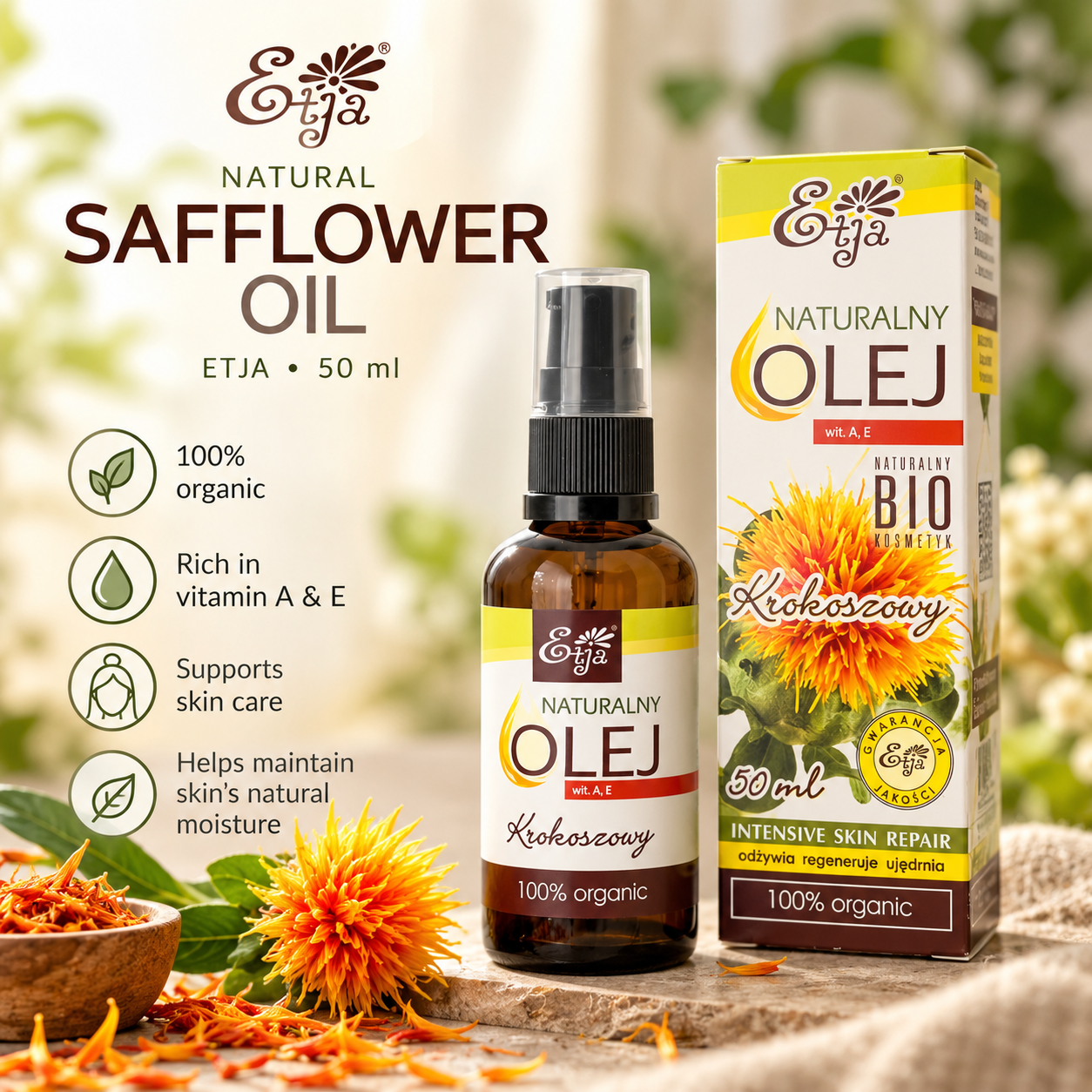 ETJA Safflower Oil BIO 50ml – product infographic