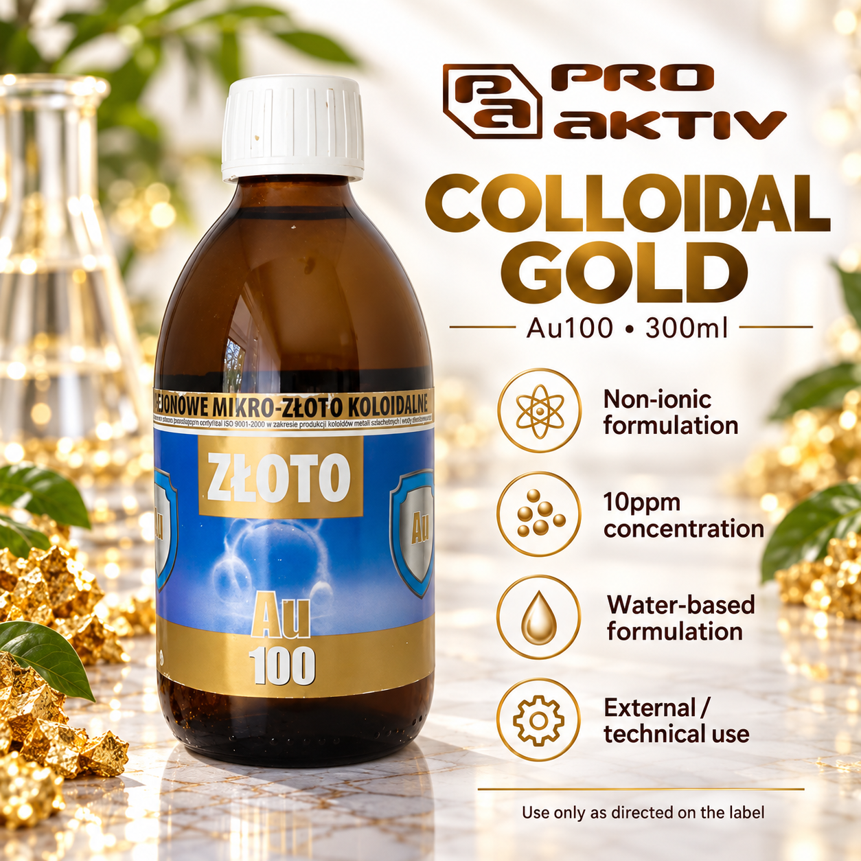ProAktiv Non-Ionic Colloidal Gold Au100 10ppm 300ml infographic