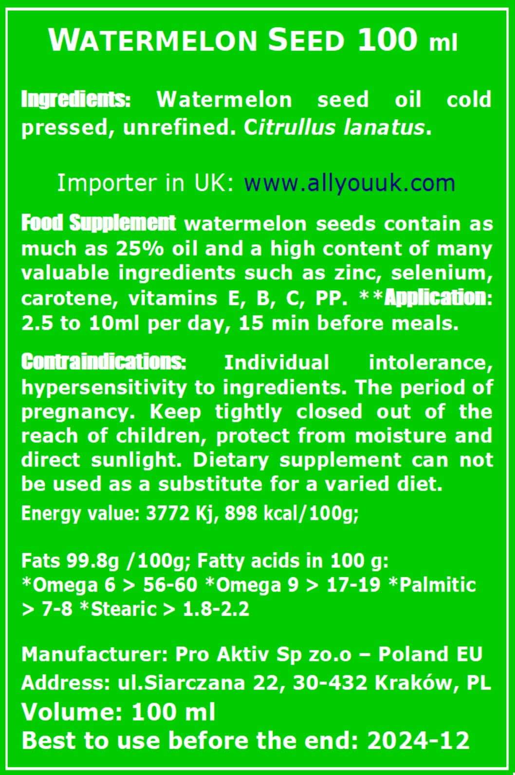 Watermelon Seed Oil 100% Pure Organic 100 ml