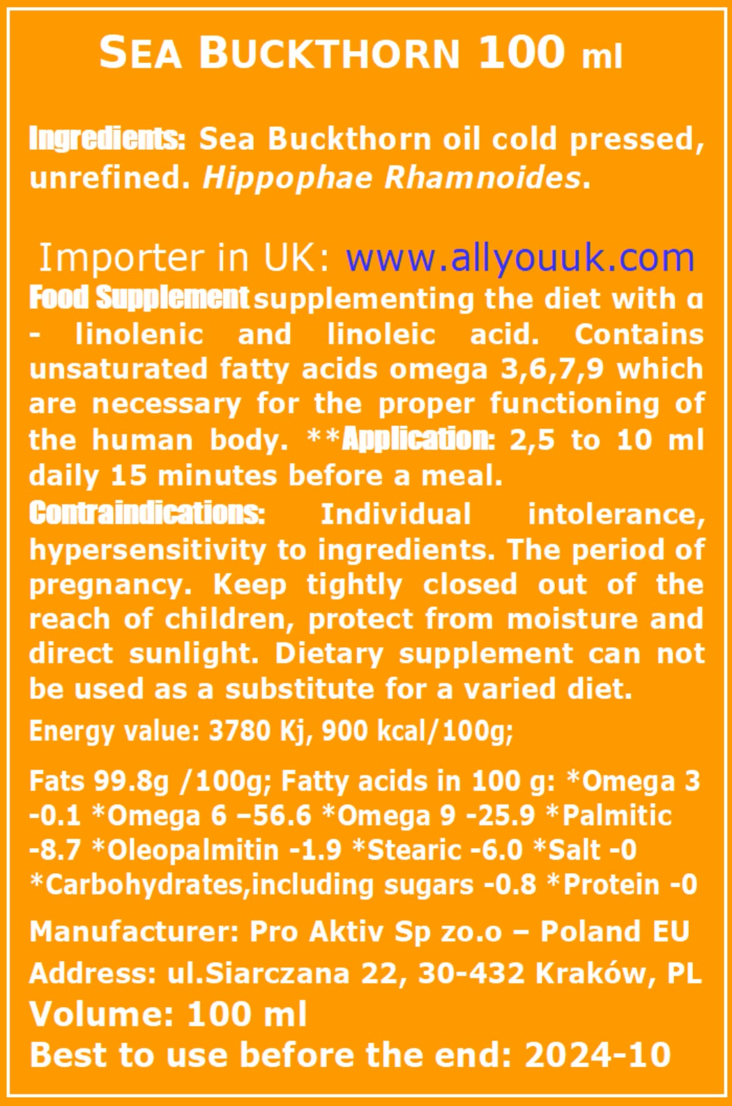 Sea Buckthorn 100% Pure Organic Siberian Oil 100 ml